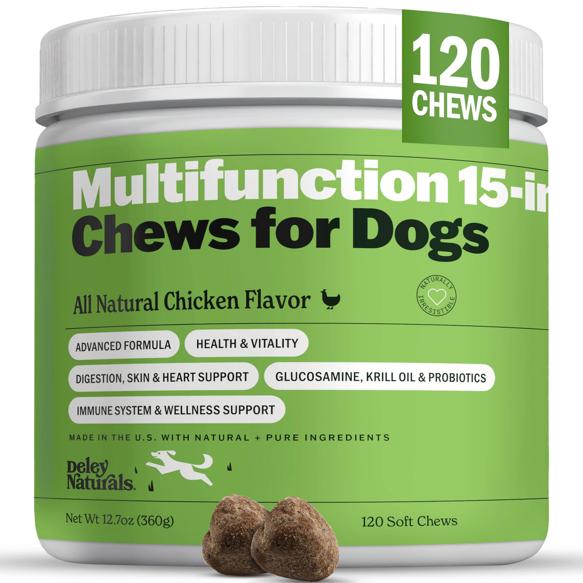 Deley Naturals 15 in 1 dog multivitamin bottle for daily wellness and easy supplementation.
