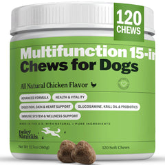 Deley Naturals 15 in 1 dog multivitamin bottle for daily wellness and easy supplementation.
