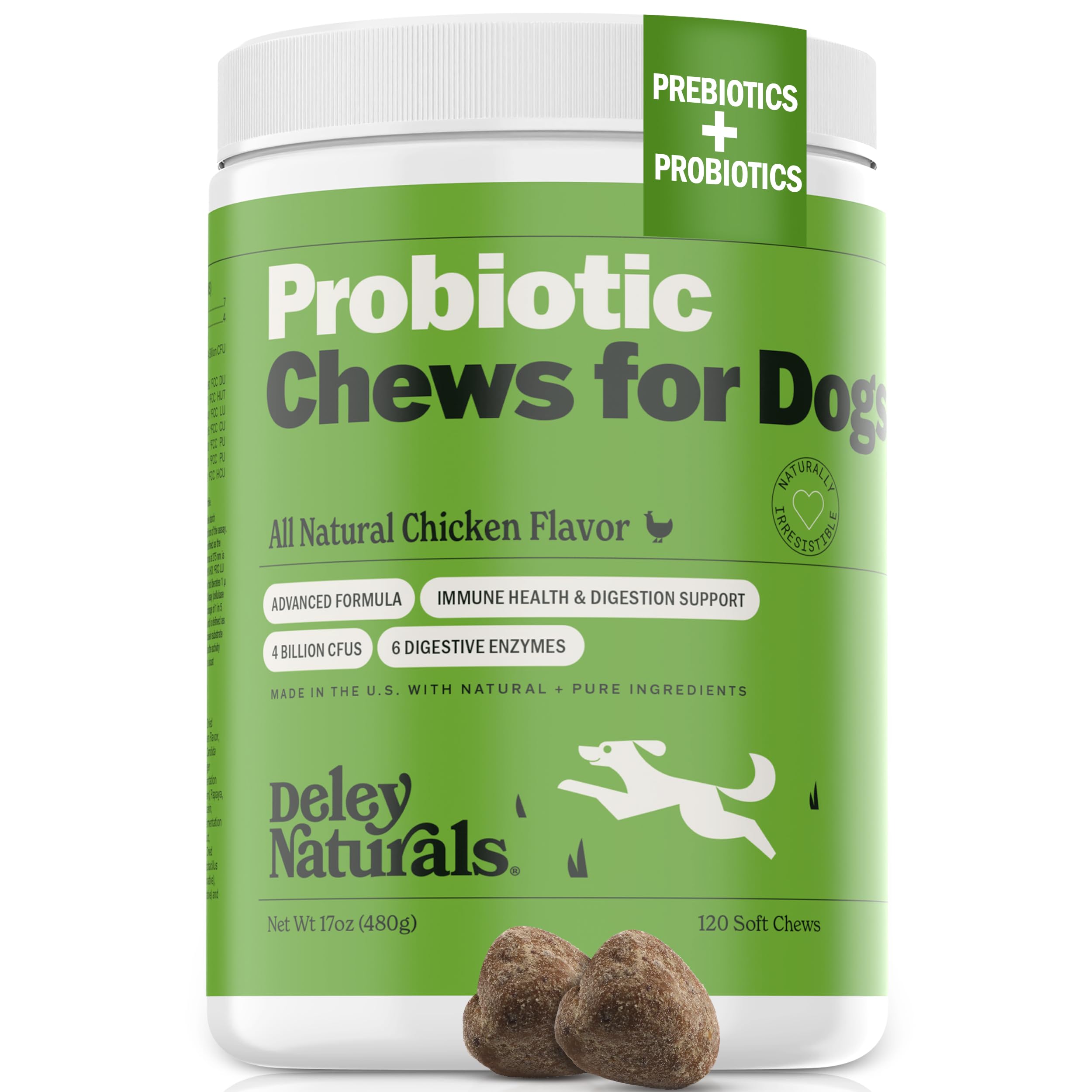 Deley Naturals Dog Probiotic Chews packaging promotes daily gut support.