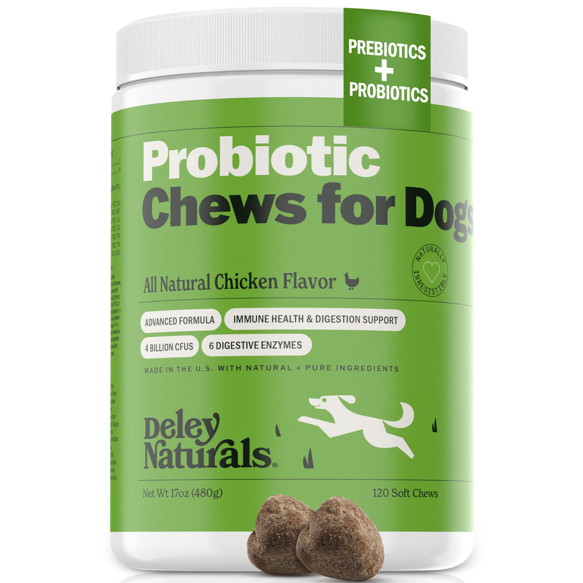 Deley Naturals Dog Probiotic Chews packaging promotes daily gut support.