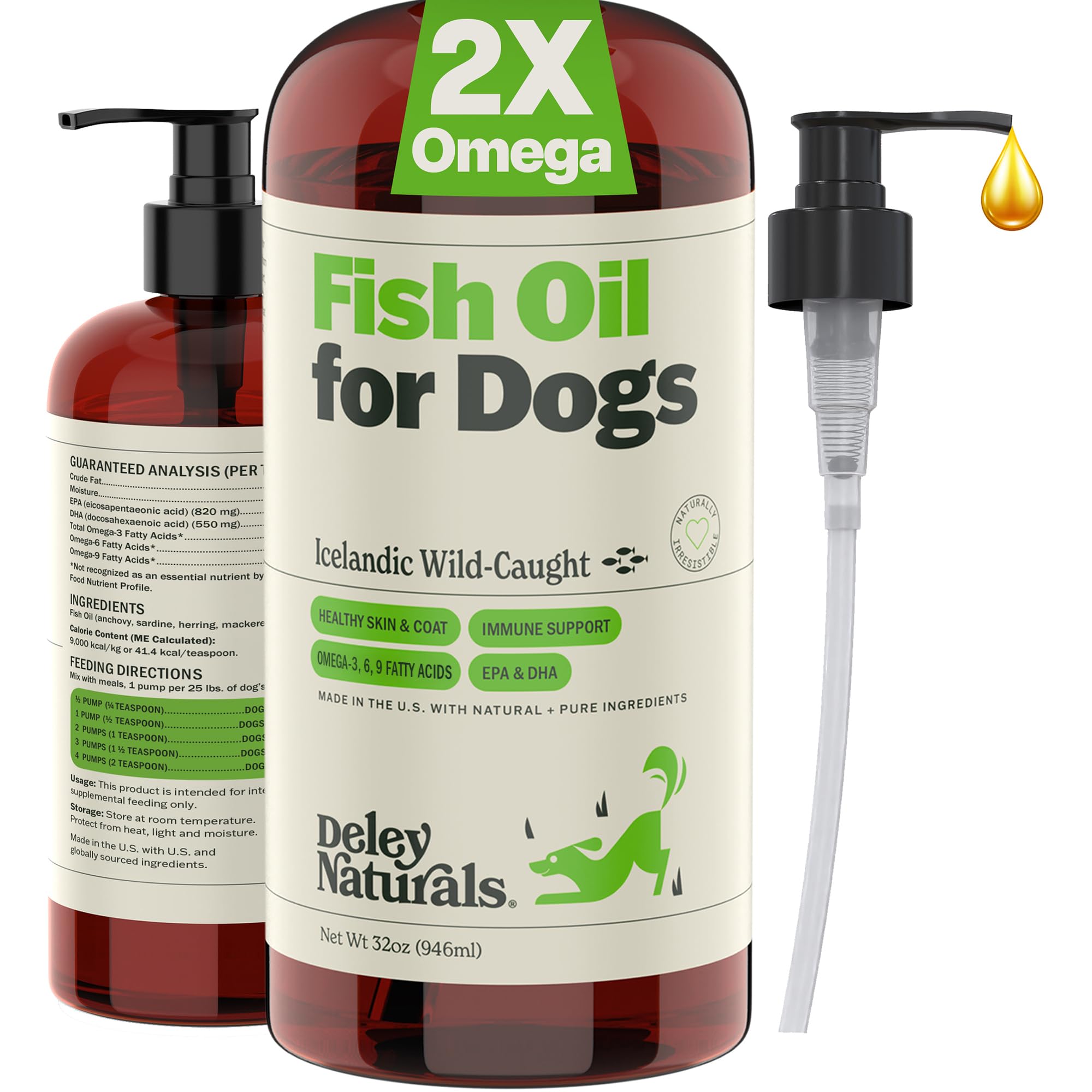 Deley Naturals fish oil for dogs bottle front for shinier coat and healthier skin