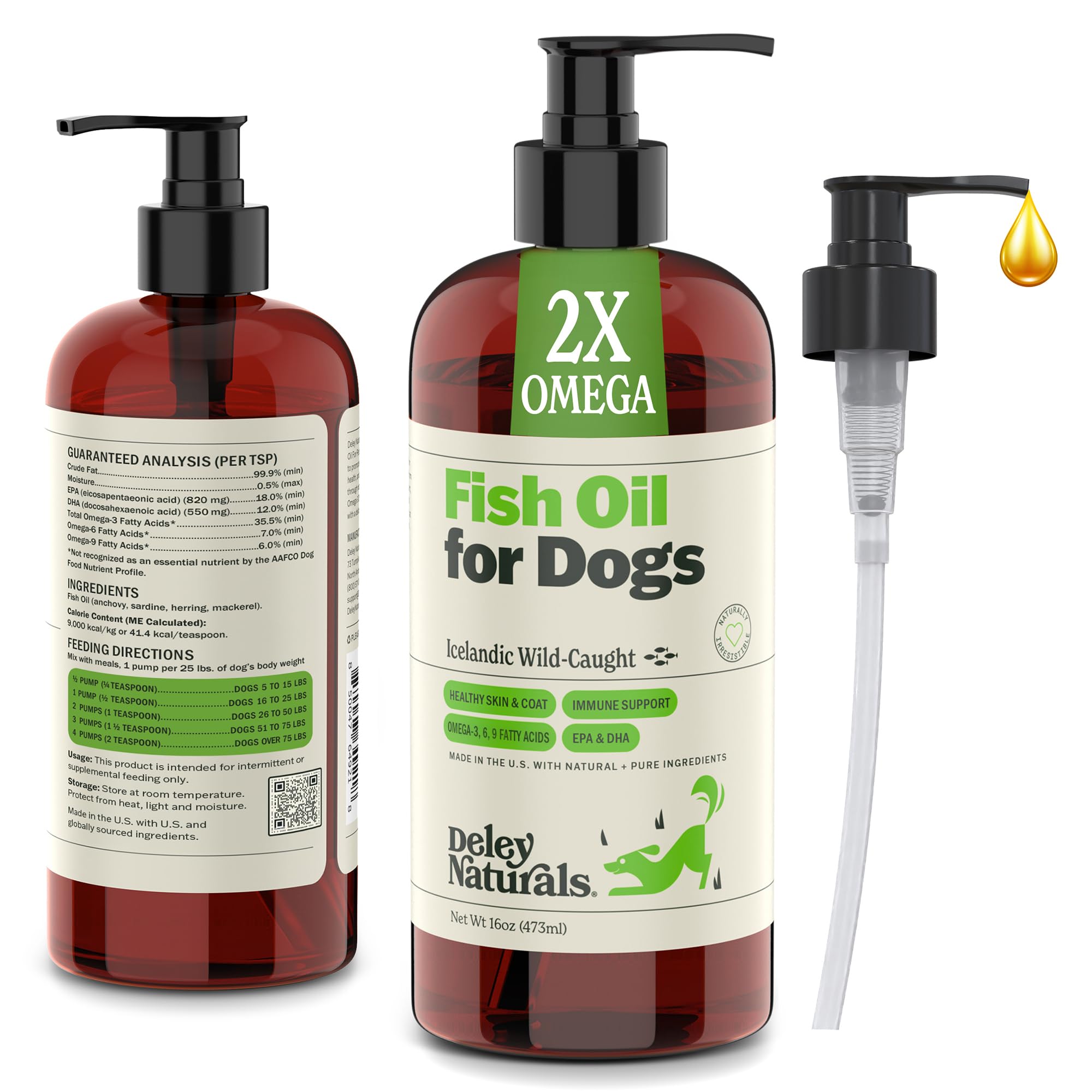 Deley Naturals Fish Oil for Dogs bottle showing premium packaging and everyday care benefits