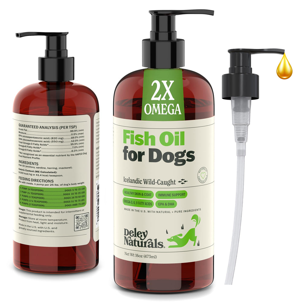 Deley Naturals Fish Oil for Dogs bottle showing premium packaging and everyday care benefits