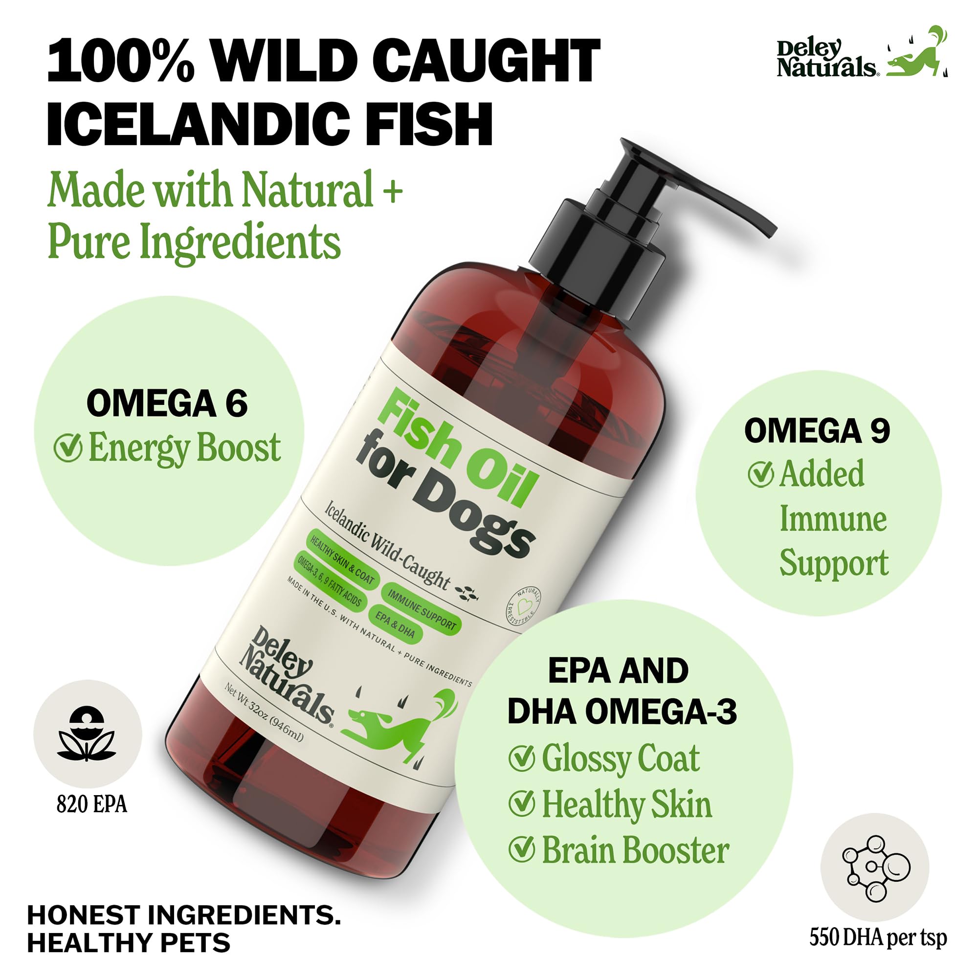 Deley Naturals label close-up highlighting Icelandic purity and omega-3 content