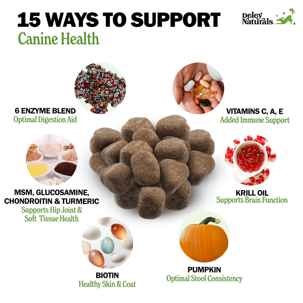Deley Naturals glucosamine joint support chews for active dogs.