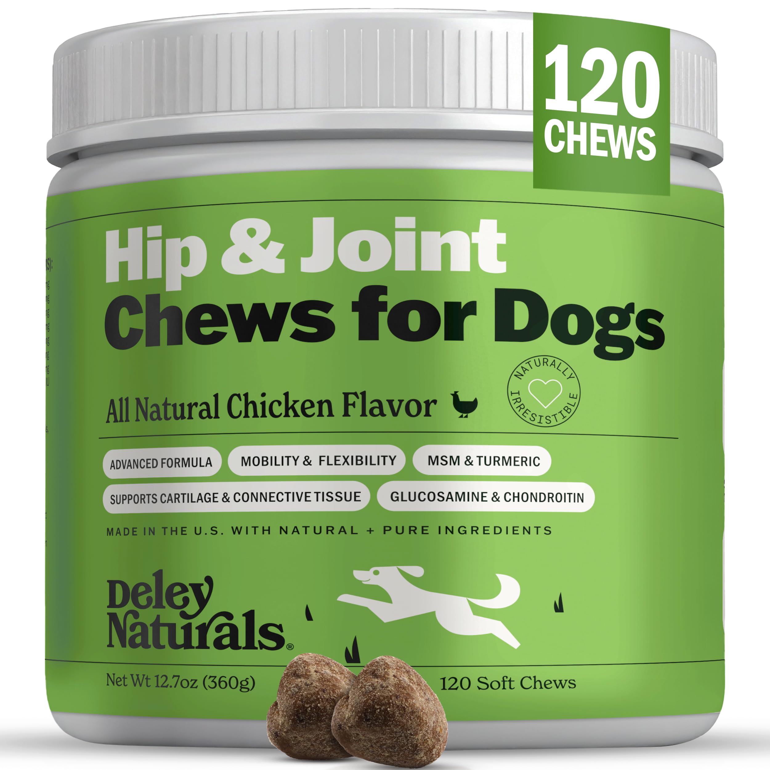 Deley Naturals hip and joint dog chews bottle showing easy daily supplementation