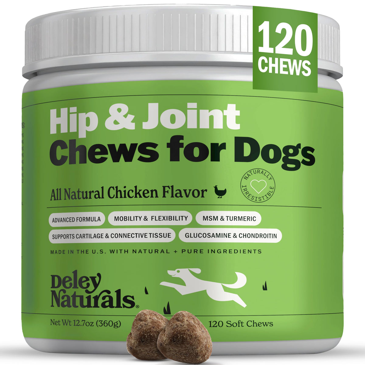 Deley Naturals hip and joint dog chews bottle showing easy daily supplementation
