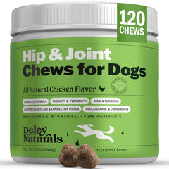 Deley Naturals hip and joint dog chews bottle showing easy daily supplementation