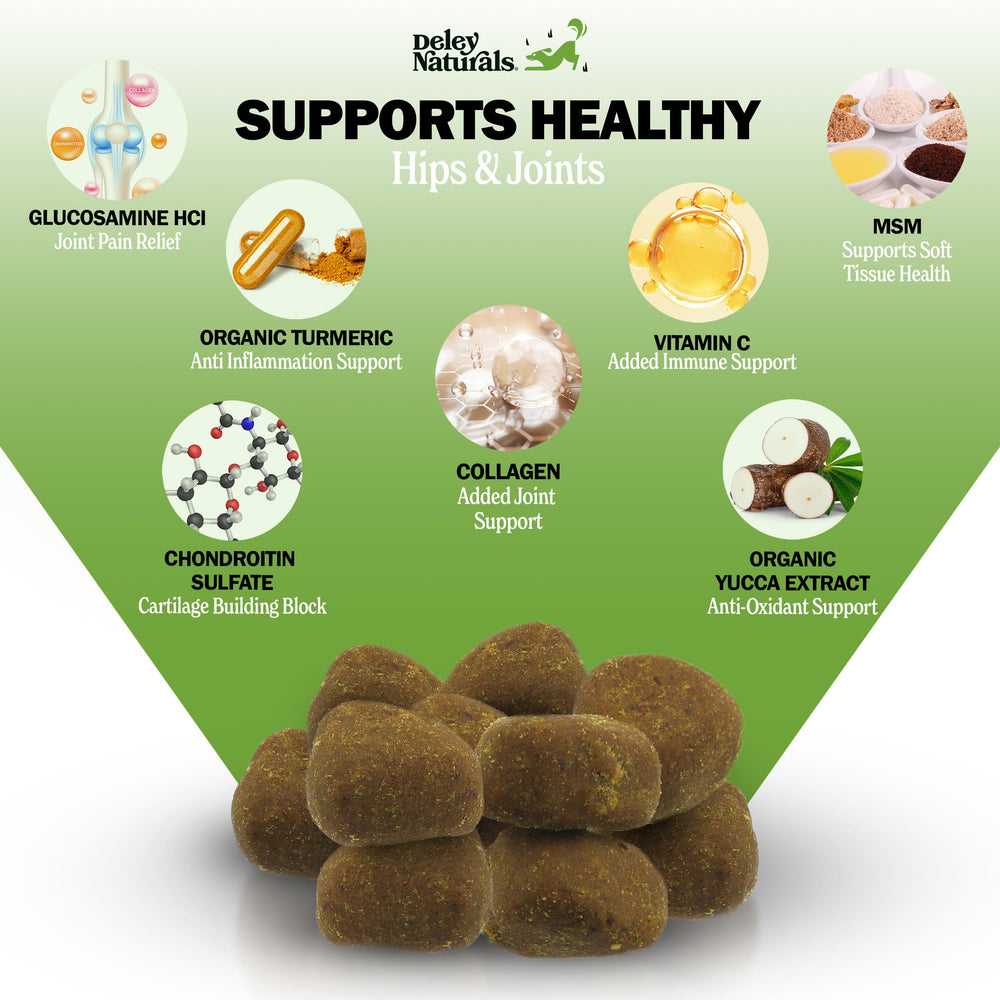 Deley Naturals chicken-flavor chews close-up highlighting tasty joint support