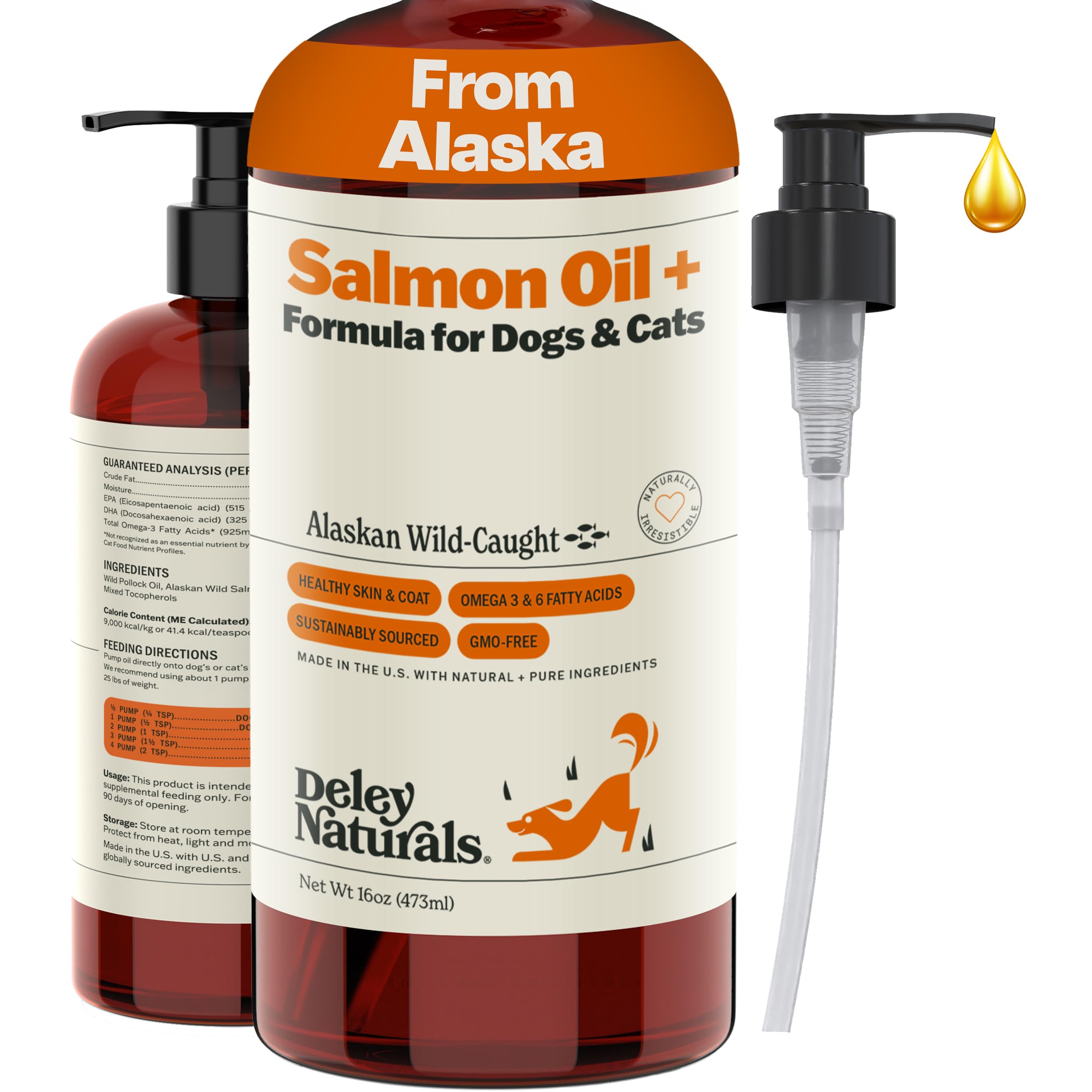Deley Naturals Wild Alaskan Salmon Oil bottle-pour shown for dogs and cats, supports skin and coat health.