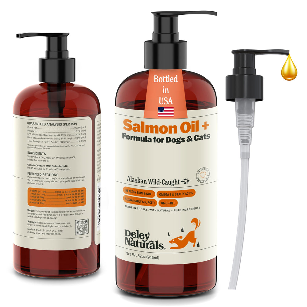 Deley Naturals Salmon Oil for cats poured onto wet food for a glossy coat