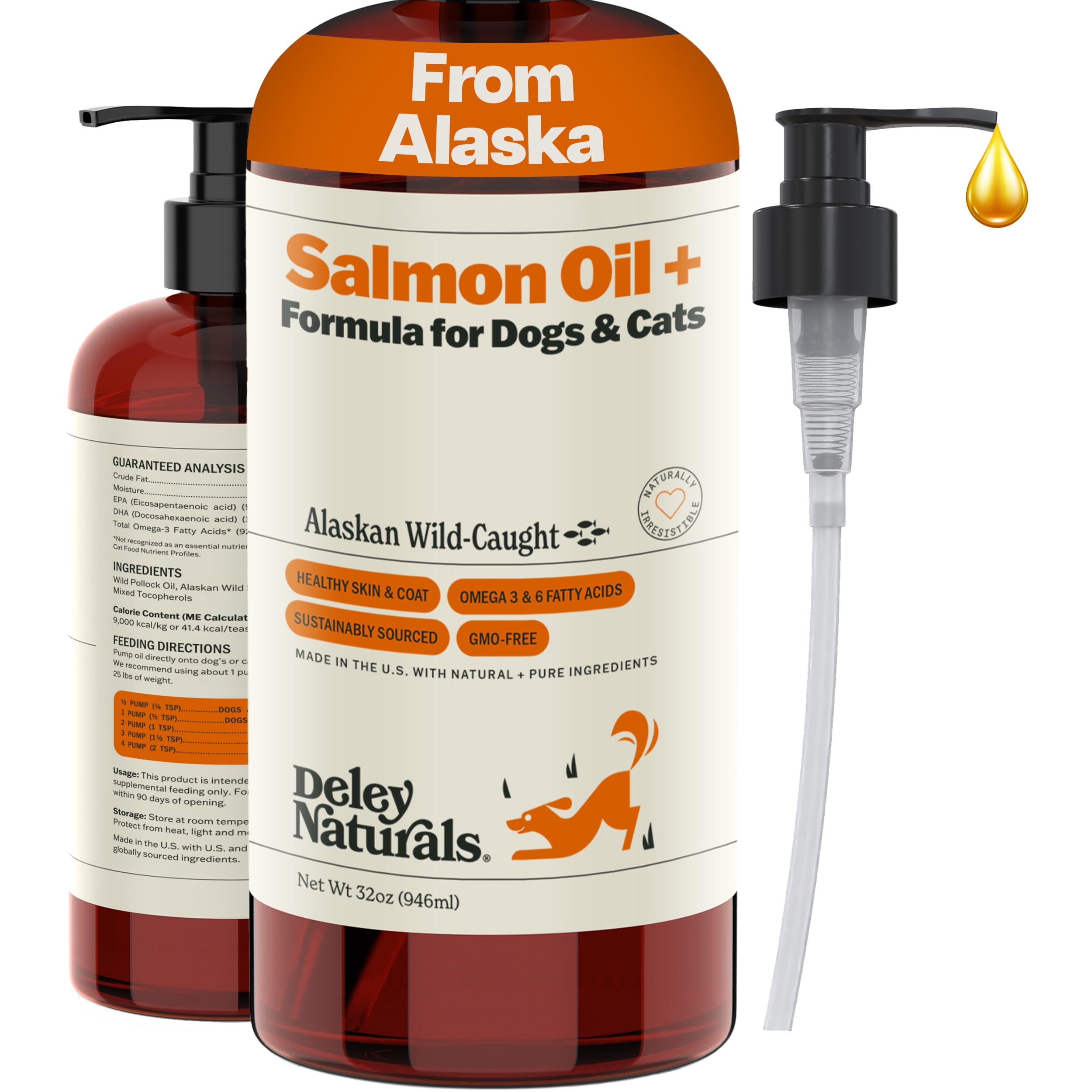 Deley Naturals Wild Alaskan Salmon Oil bottle being poured on dog food to boost meals