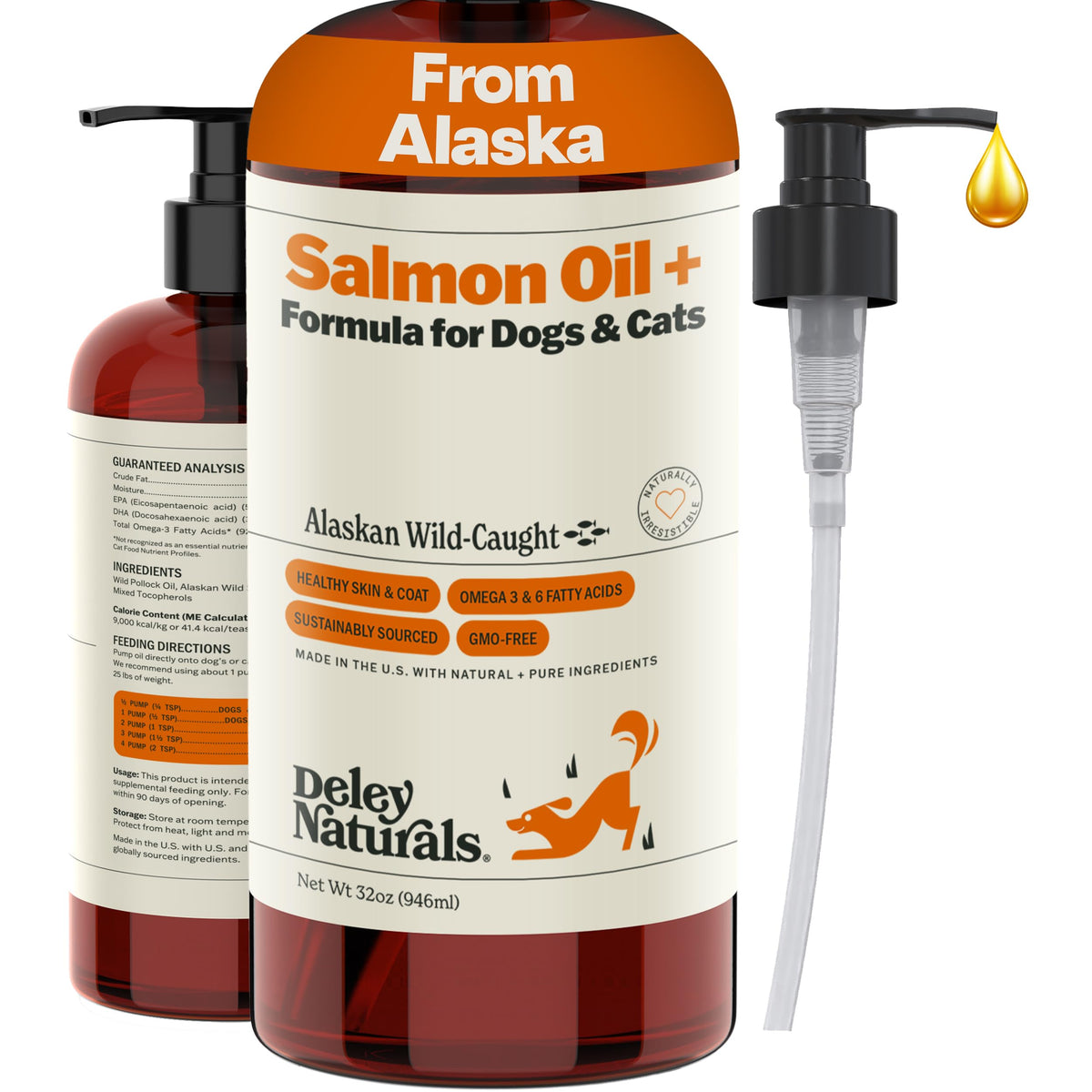 Deley Naturals Wild Alaskan Salmon Oil bottle being poured on dog food to boost meals