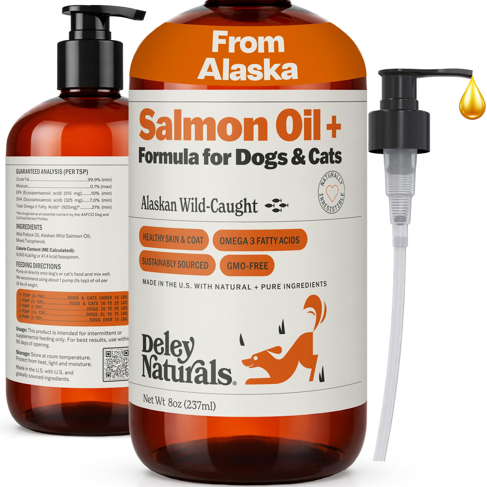 Deley Naturals Wild Alaskan Salmon Oil bottle pour supports healthy skin and coat