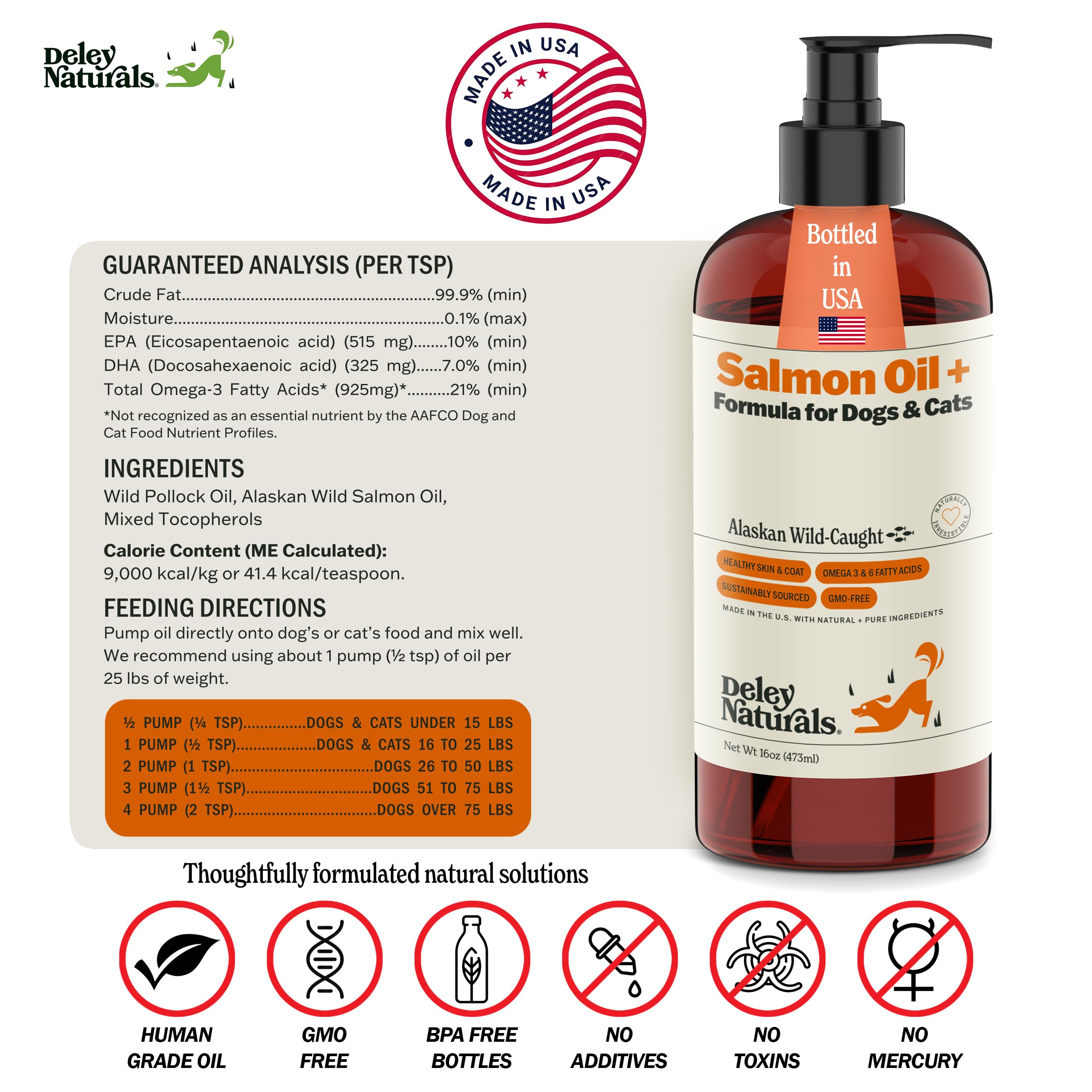 Made-in-USA badge with Deley Naturals Wild Alaskan Salmon Oil packaging.