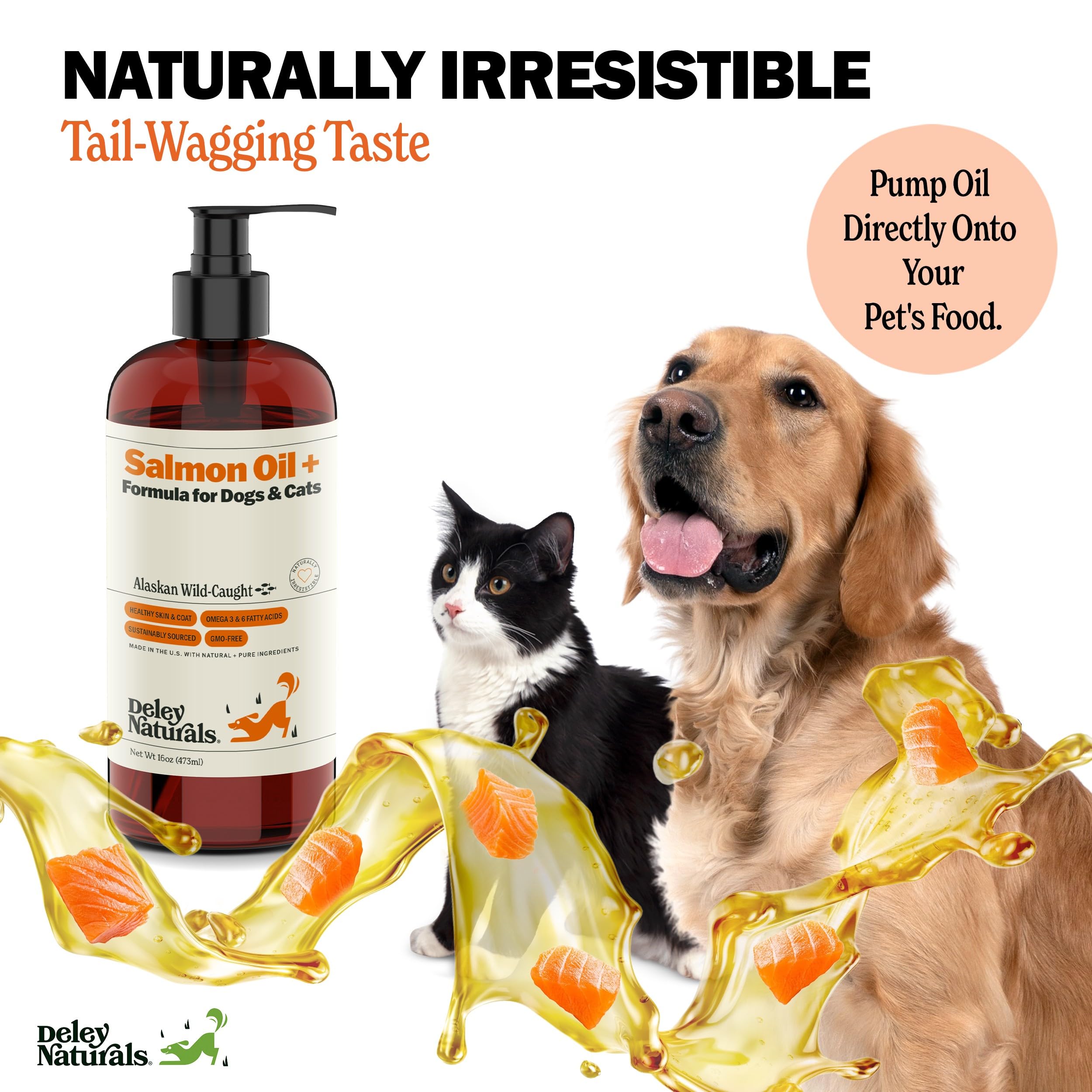 Meal-topper application of Deley Naturals salmon oil on wet or dry food.
