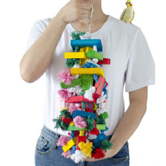 Deloky Bird Block Knots Toy front view shows colorful natural wood safe for chewing.
