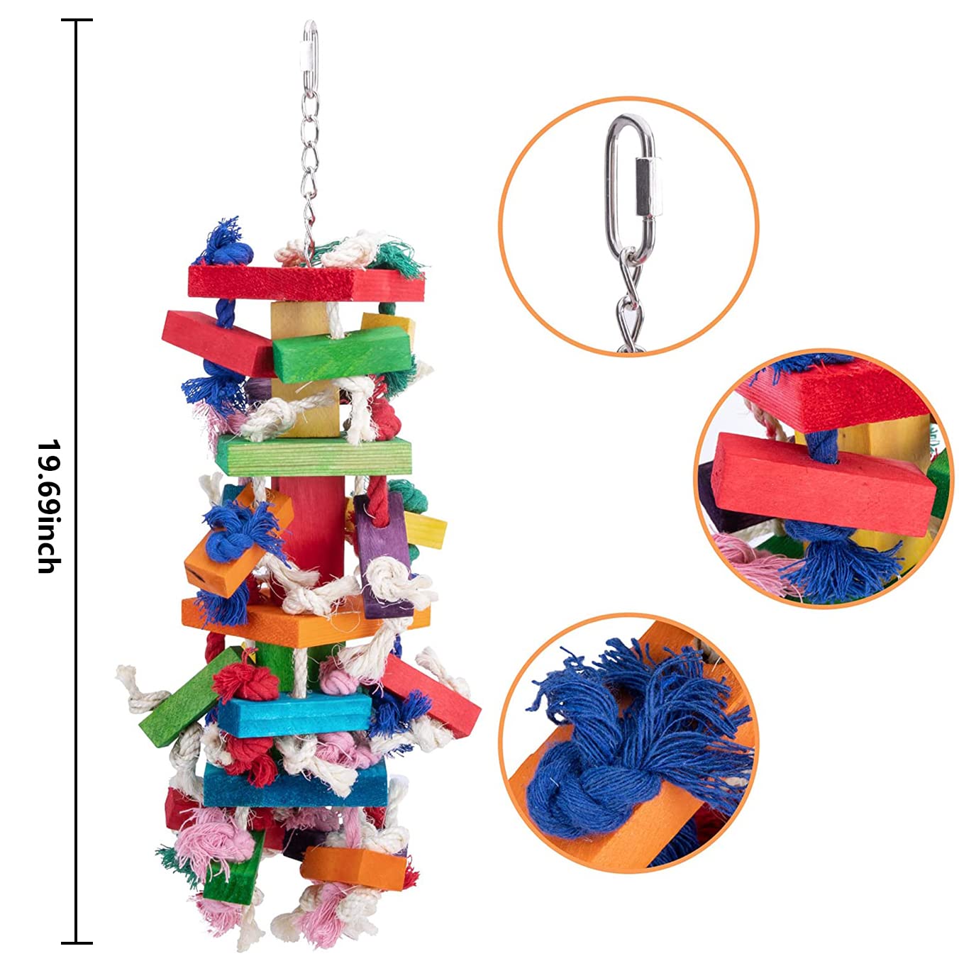 Deloky Bird Block Knots Toy side view highlights durable hardware built for long-lasting play.