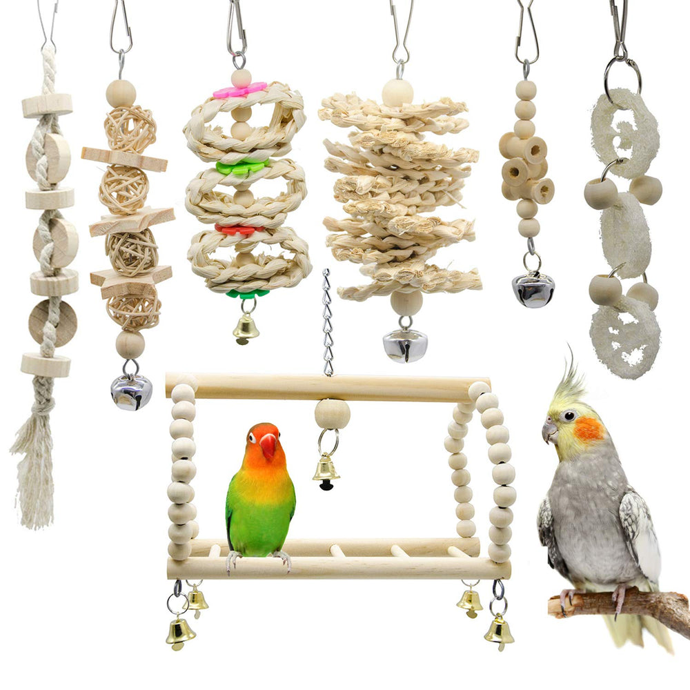 Deloky swing toy assembly provides a playful climbing perch for curious birds.