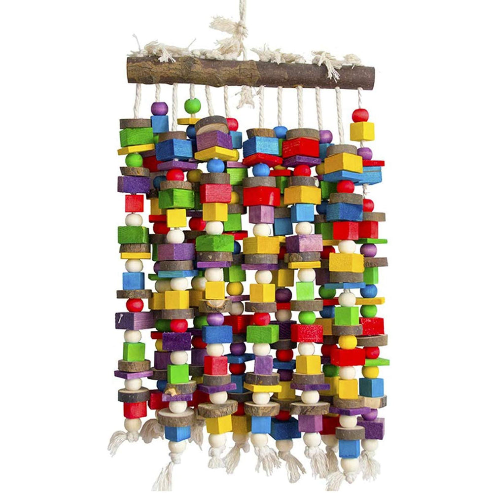 Deloky extra-large parrot toy with multicolored wooden blocks for engaging chewing and climbing.