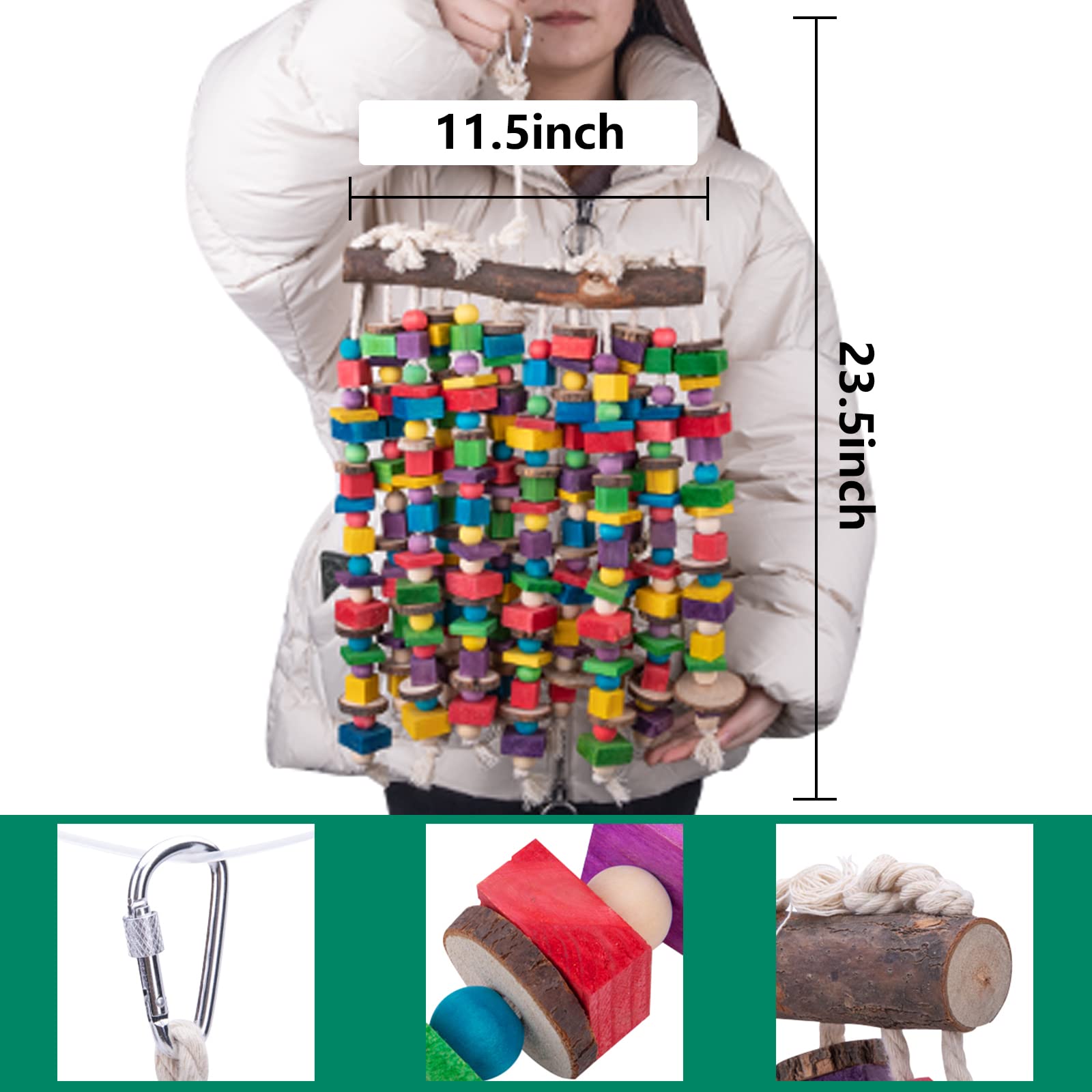 Deloky parrot toy showing wooden beads on a chain for stimulating play.