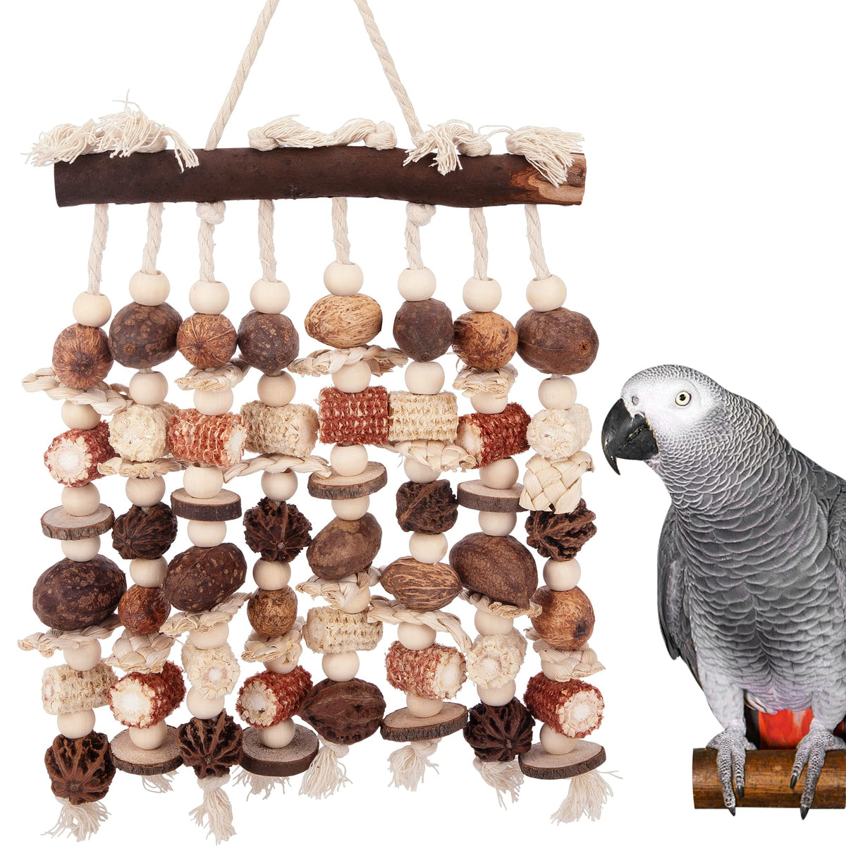 Deloky extra large parrot toy with natural blocks for chewing and enrichment.