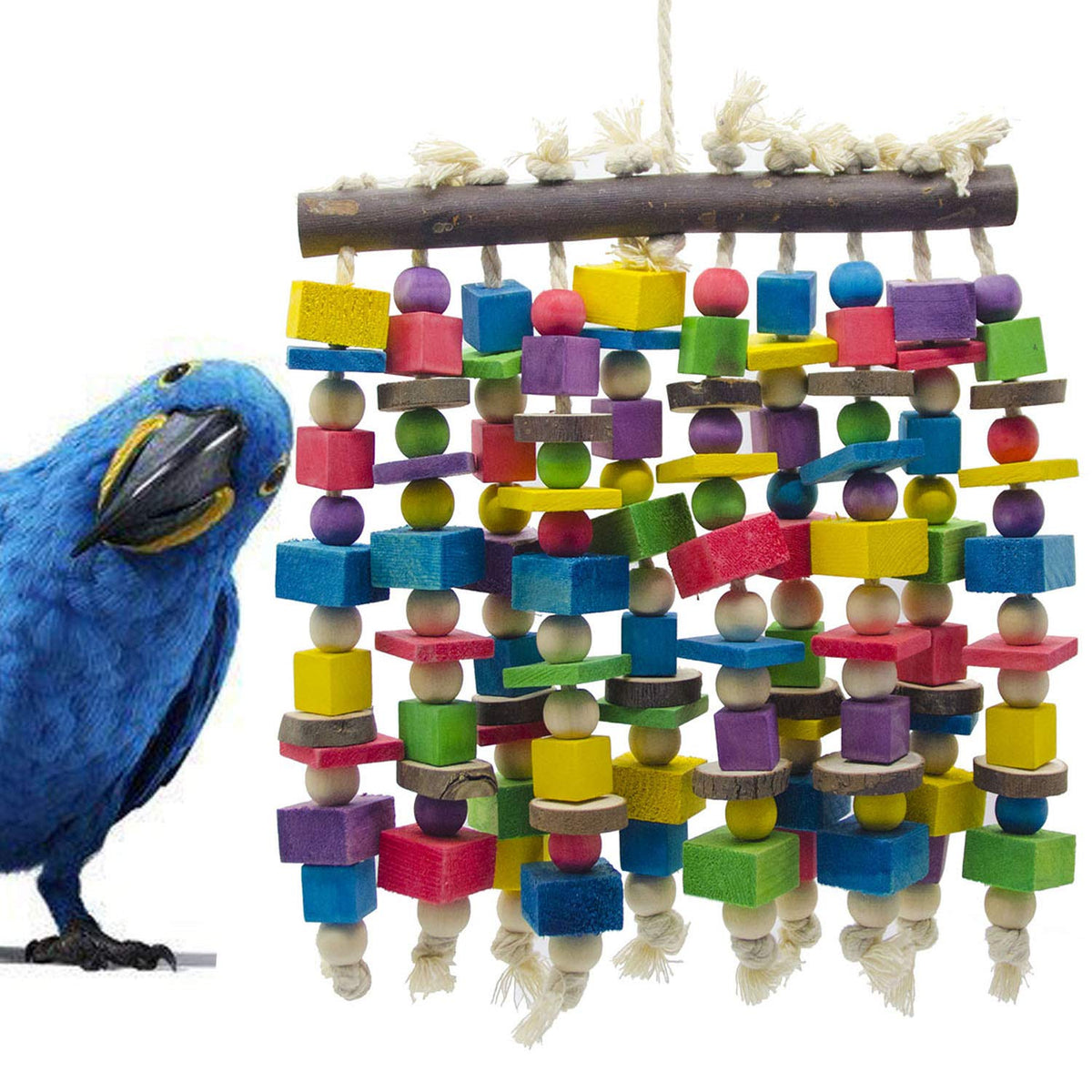 Deloky large bird parrot chewing toy with multicolored wooden blocks for chewing and climbing.