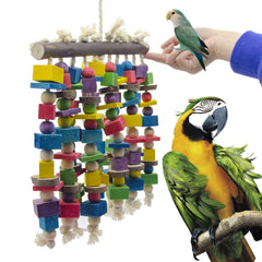 Deloky parrot toy with beads and chain for safe chewing and exploration.