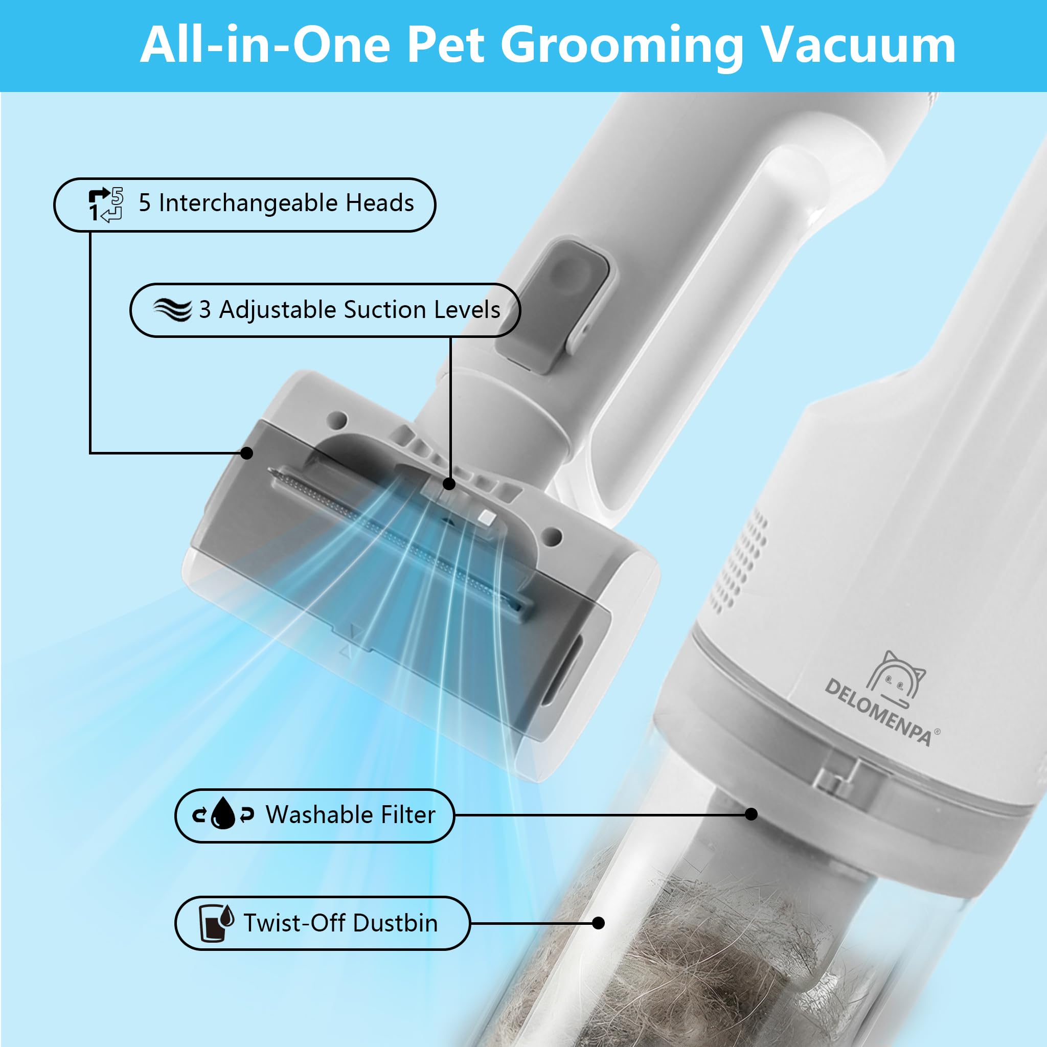 Delomenpa low-noise design keeps anxious pets calm during brushing.