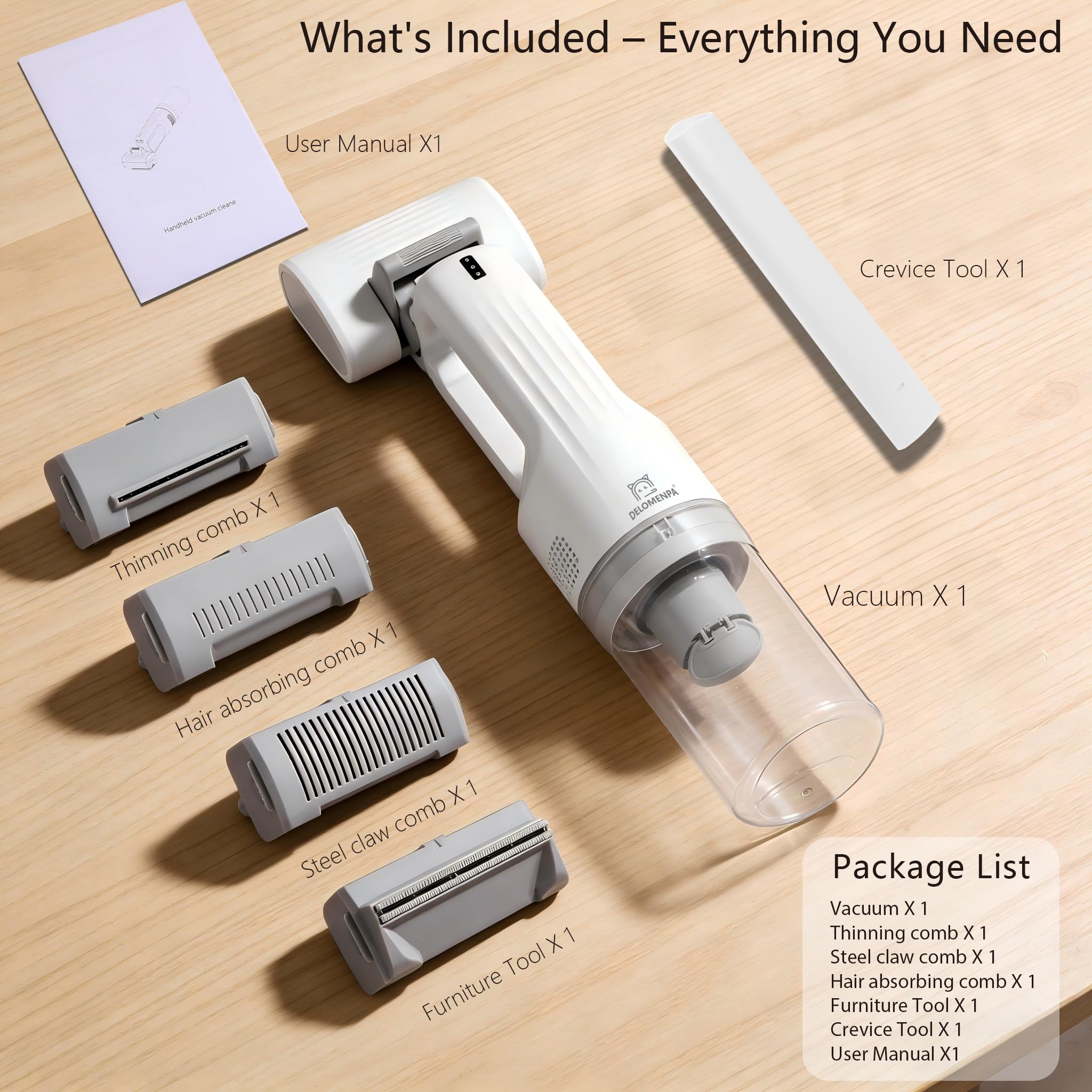 Delomenpa portable mini-vacuum nozzle cleans car crevices and counters.