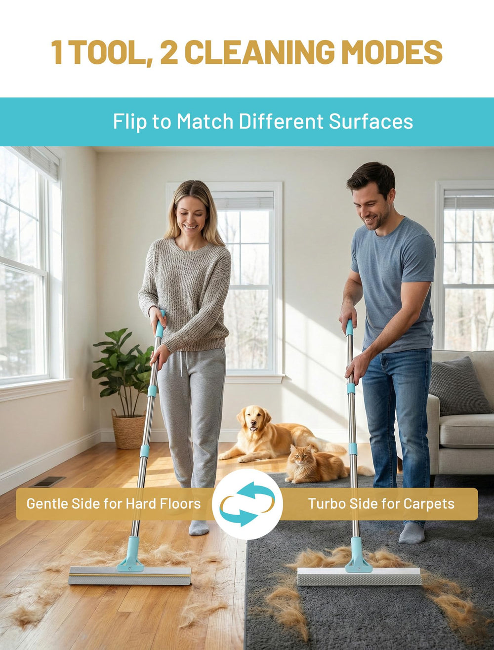 DELOMO carpet rake with silicone side sweeps hair on hard floors