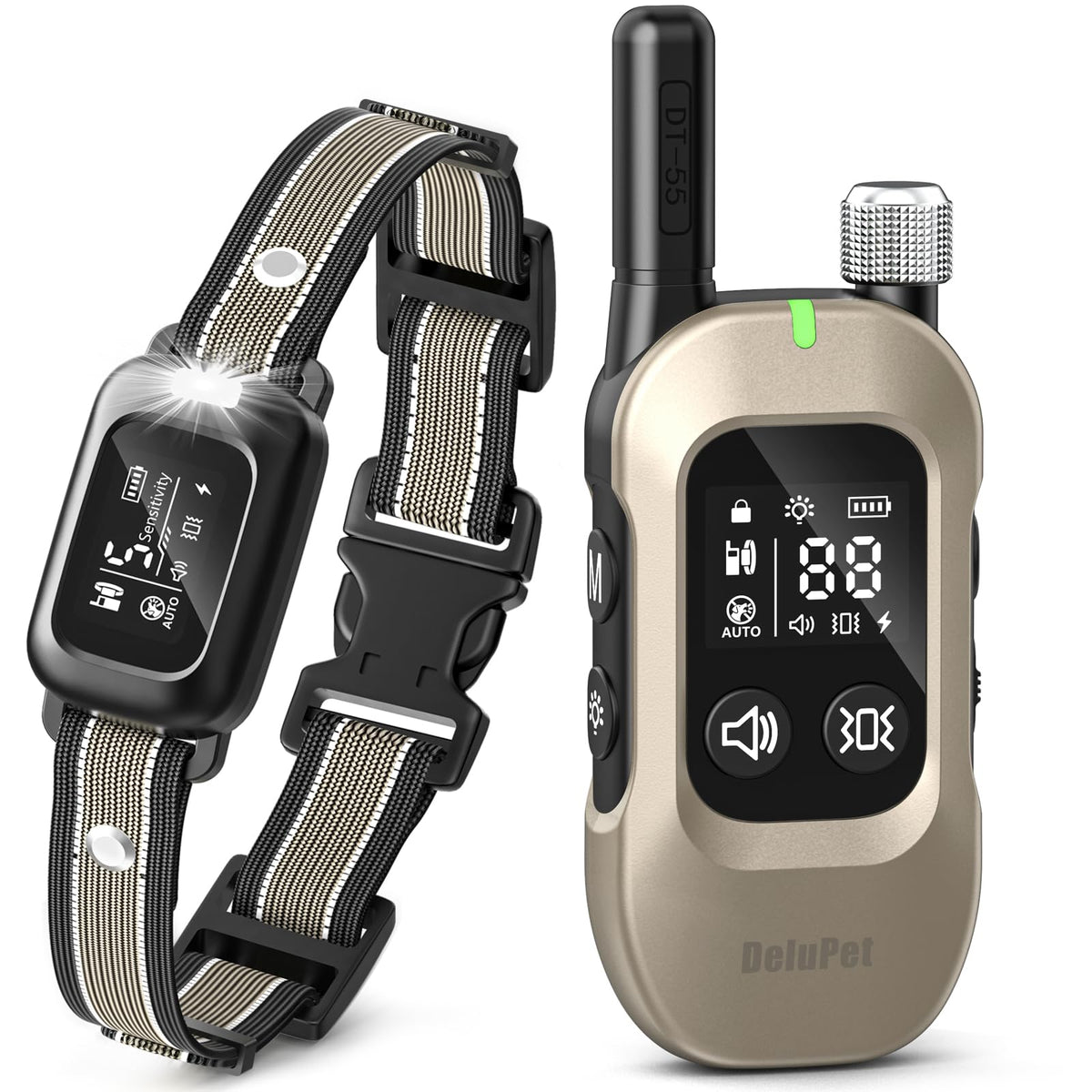 Delupet 2 in 1 dog bark collar with remote for precise command training.