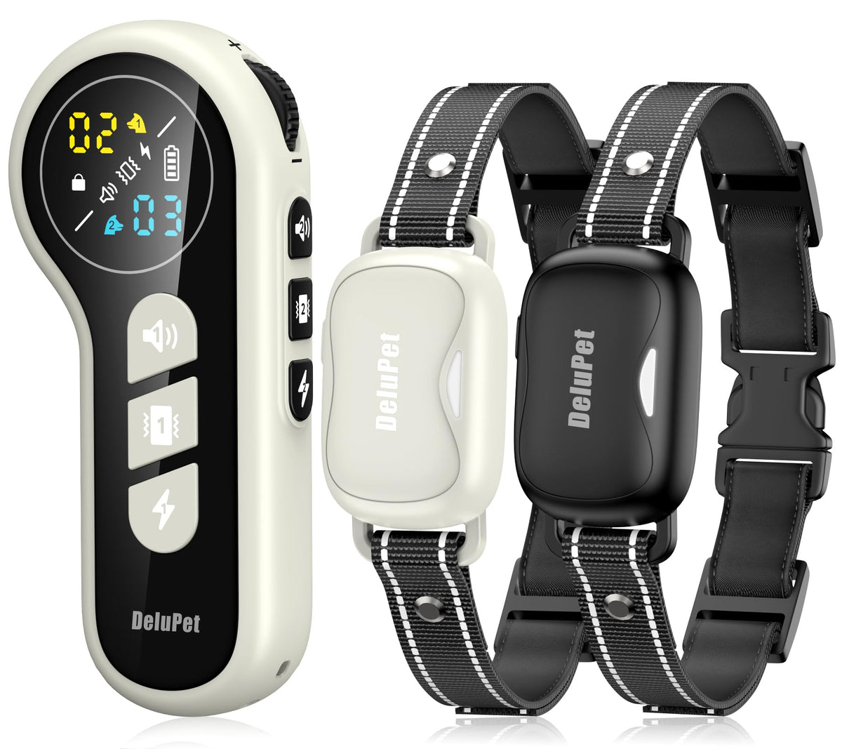 Delupet dual-direct remote controlling two dogs for synchronized training sessions.