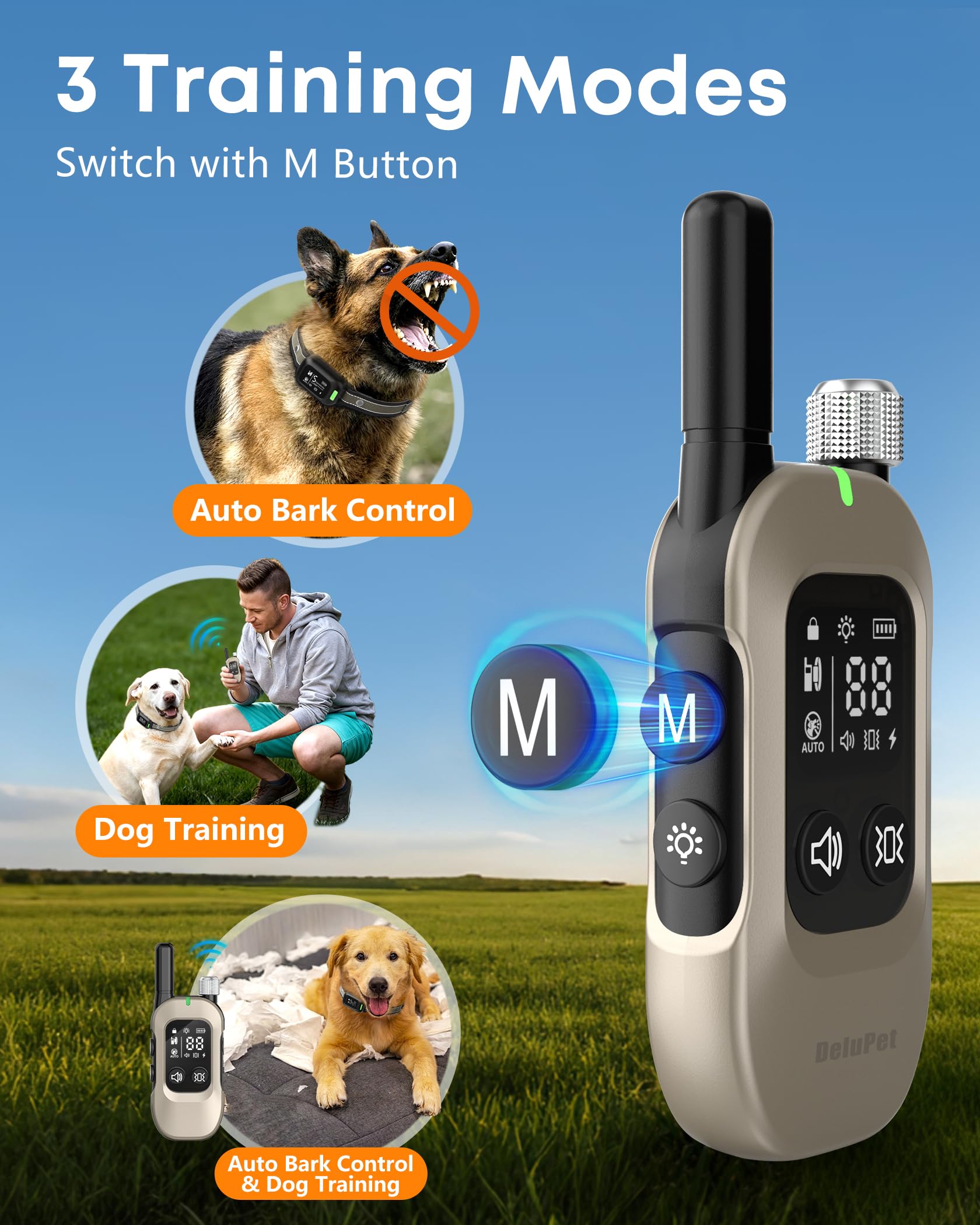 Delupet training modes show beep vibration and safe shock for tailored corrections.