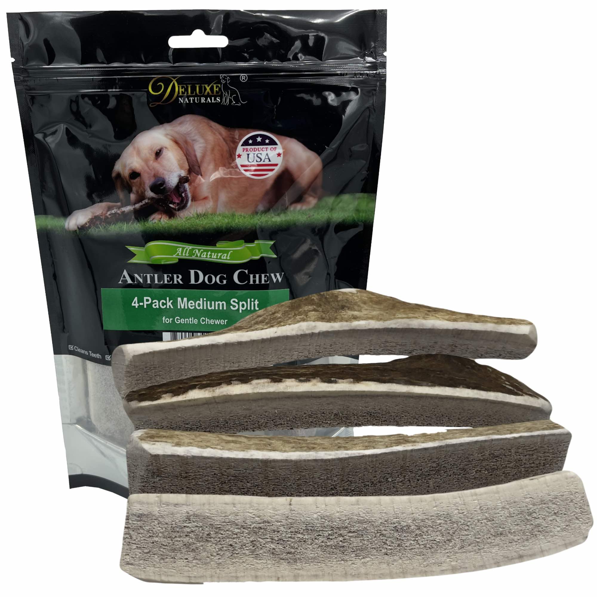 Deluxe Naturals Elk Antler Chews pack of 4 for small dogs, durable long-lasting entertainment.