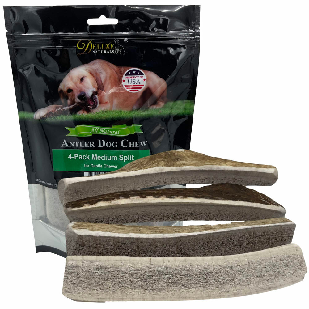 Deluxe Naturals Elk Antler Chews pack of 4 for small dogs, durable long-lasting entertainment.