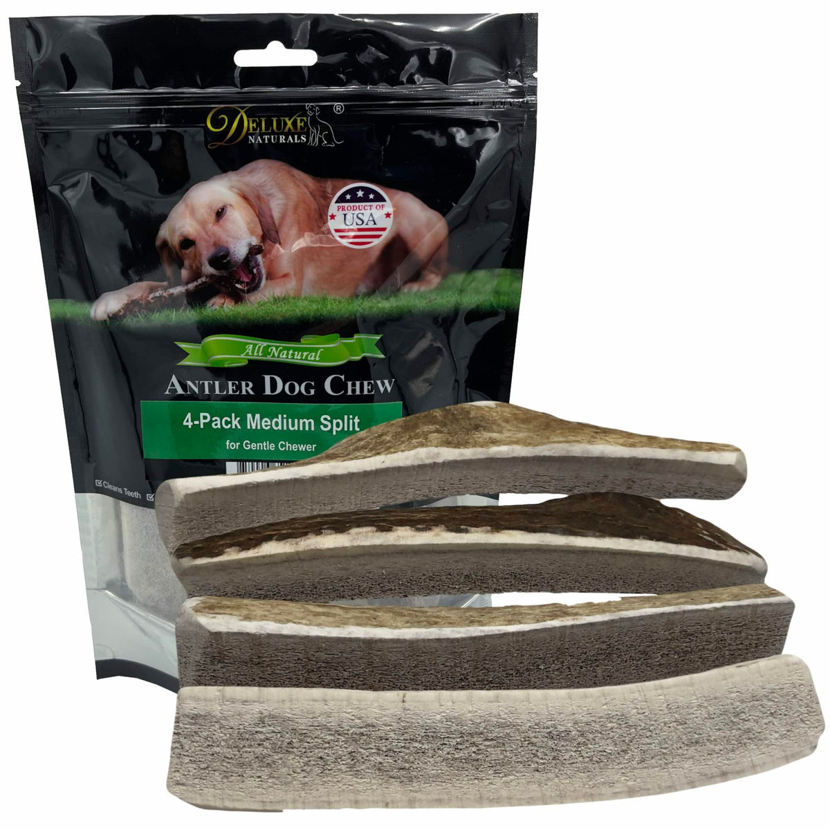 Deluxe Naturals Elk Antler Chews pack of 4 for small dogs, durable long-lasting entertainment.