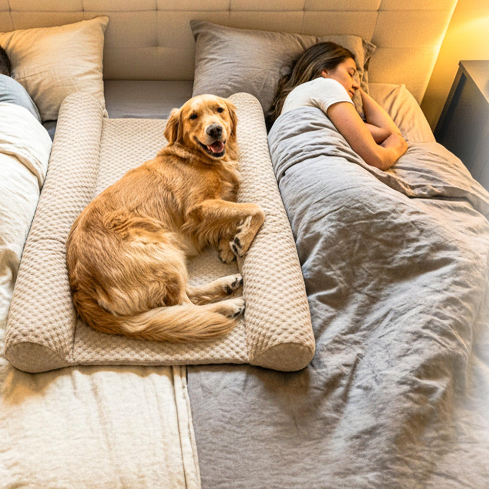 DenMate dog space on bed helps reduce movement for a smoother night.
