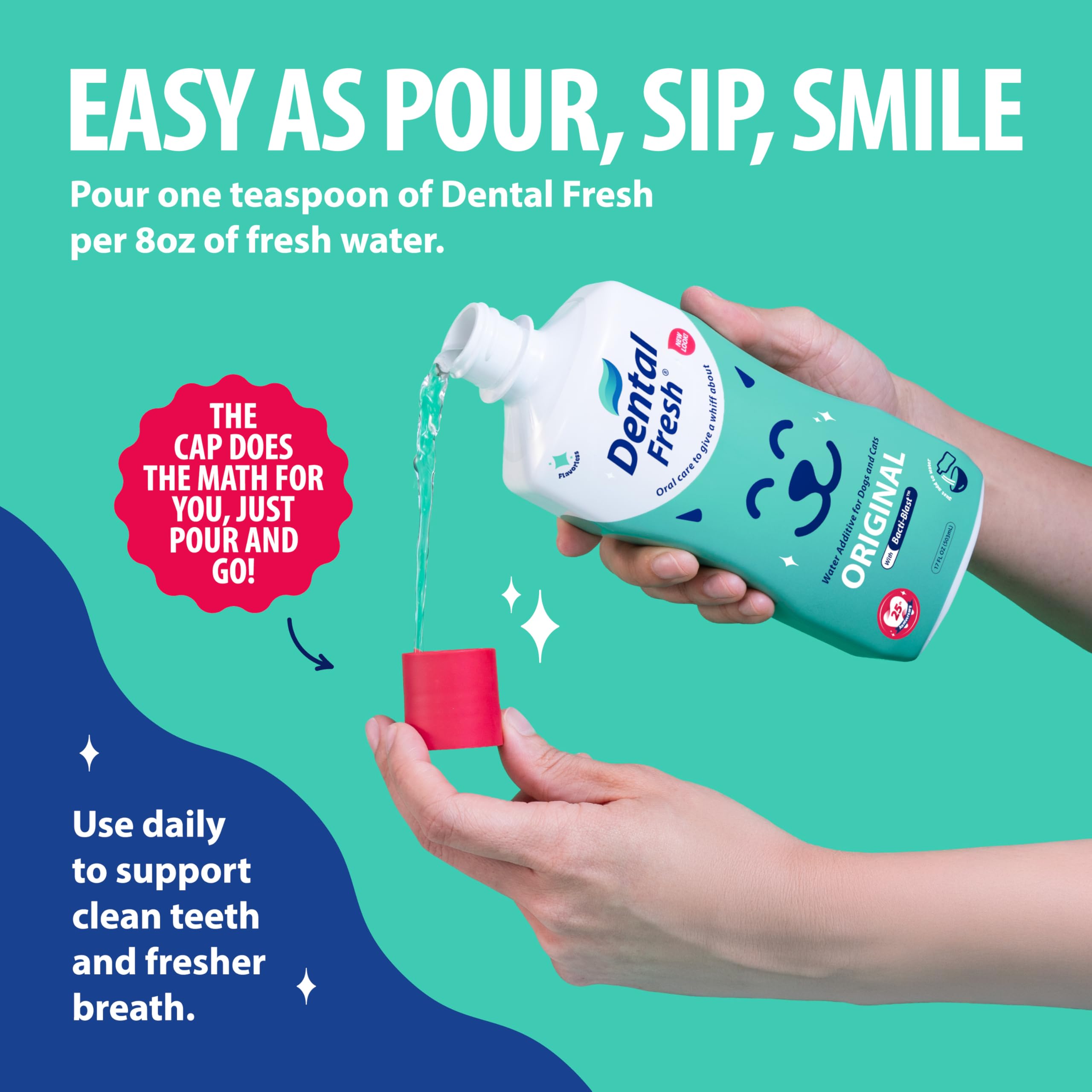 Dental Fresh dog drinking water demonstrates easy daily oral care.