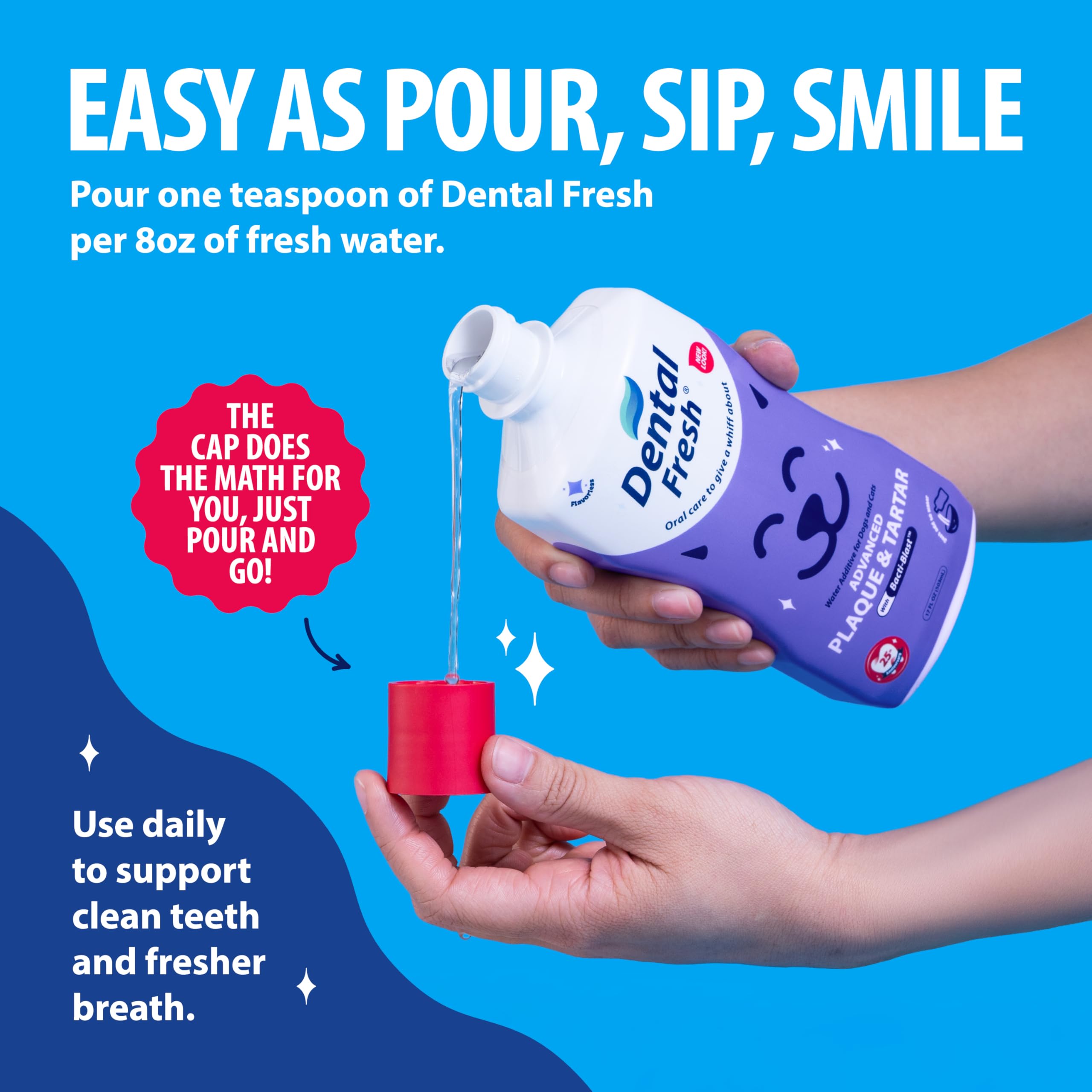 Dental Fresh flavorless formula added to a pet's water bowl for dental care.