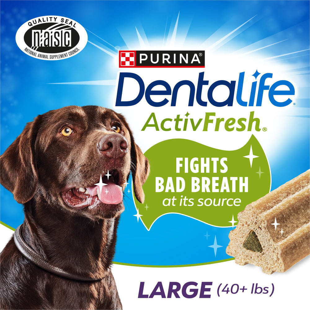 Dentalife ActivFresh chews close-up, showing chicken flavor loved by large dogs.