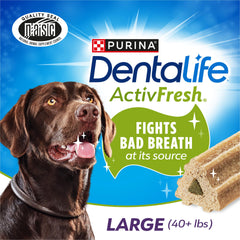 Dentalife ActivFresh chews close-up, showing chicken flavor loved by large dogs.