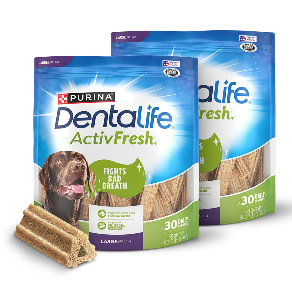 Dentalife ActivFresh pack front with two resealable bags for large dogs, keeps chews fresh.