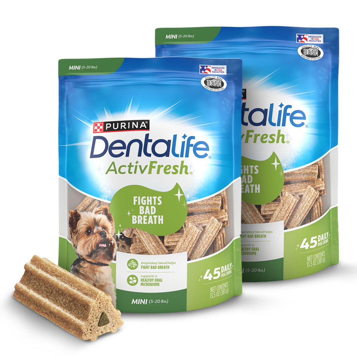 DentalLife ActivFresh small dog chews chicken flavor front pack image for daily oral care.
