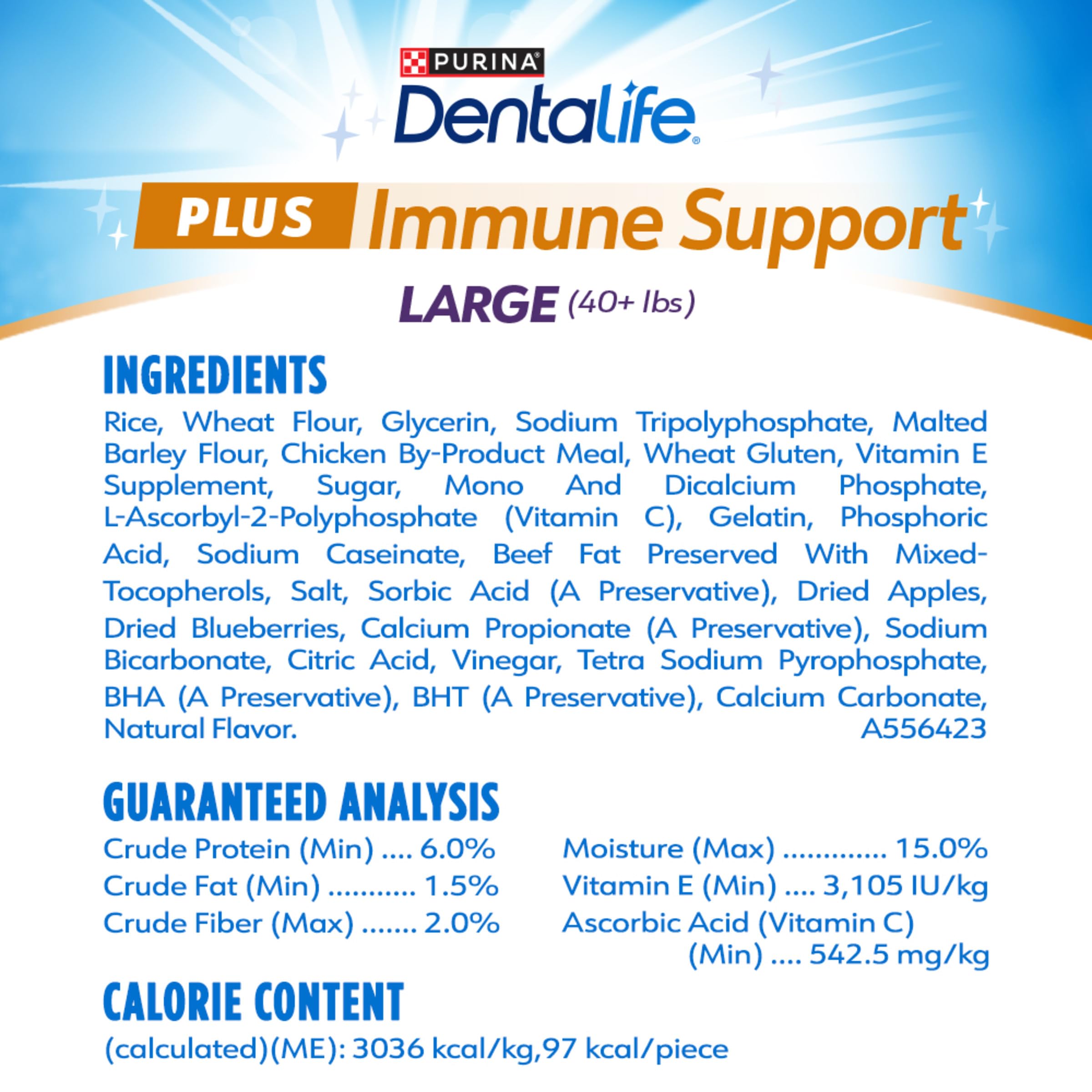 Dentalife chicken-apple-blueberry flavor chews appealing to dogs.