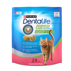 Purina DentaLife salmon-flavor treats bag close-up highlighting porous texture for dental care