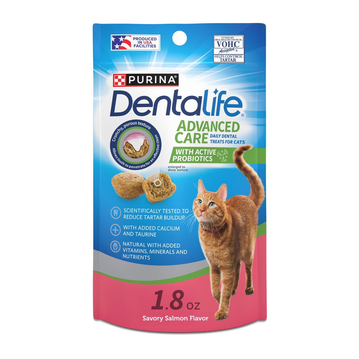 Dentalife Savory Salmon cat treats in a resealable pouch support daily dental care