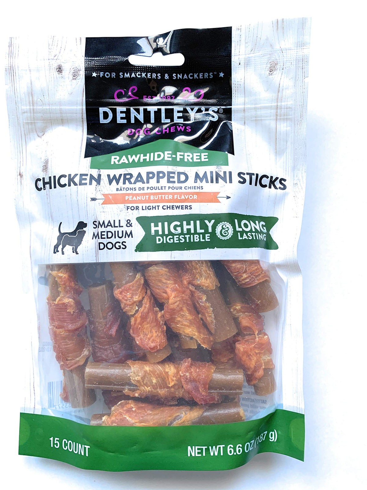 DENTLEY'S Rawhide-Free Chicken Wrapped Mini Sticks close-up for small dogs; peanut aroma.