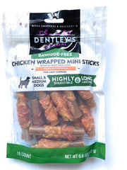 DENTLEY'S Rawhide-Free Chicken Wrapped Mini Sticks close-up for small dogs; peanut aroma.
