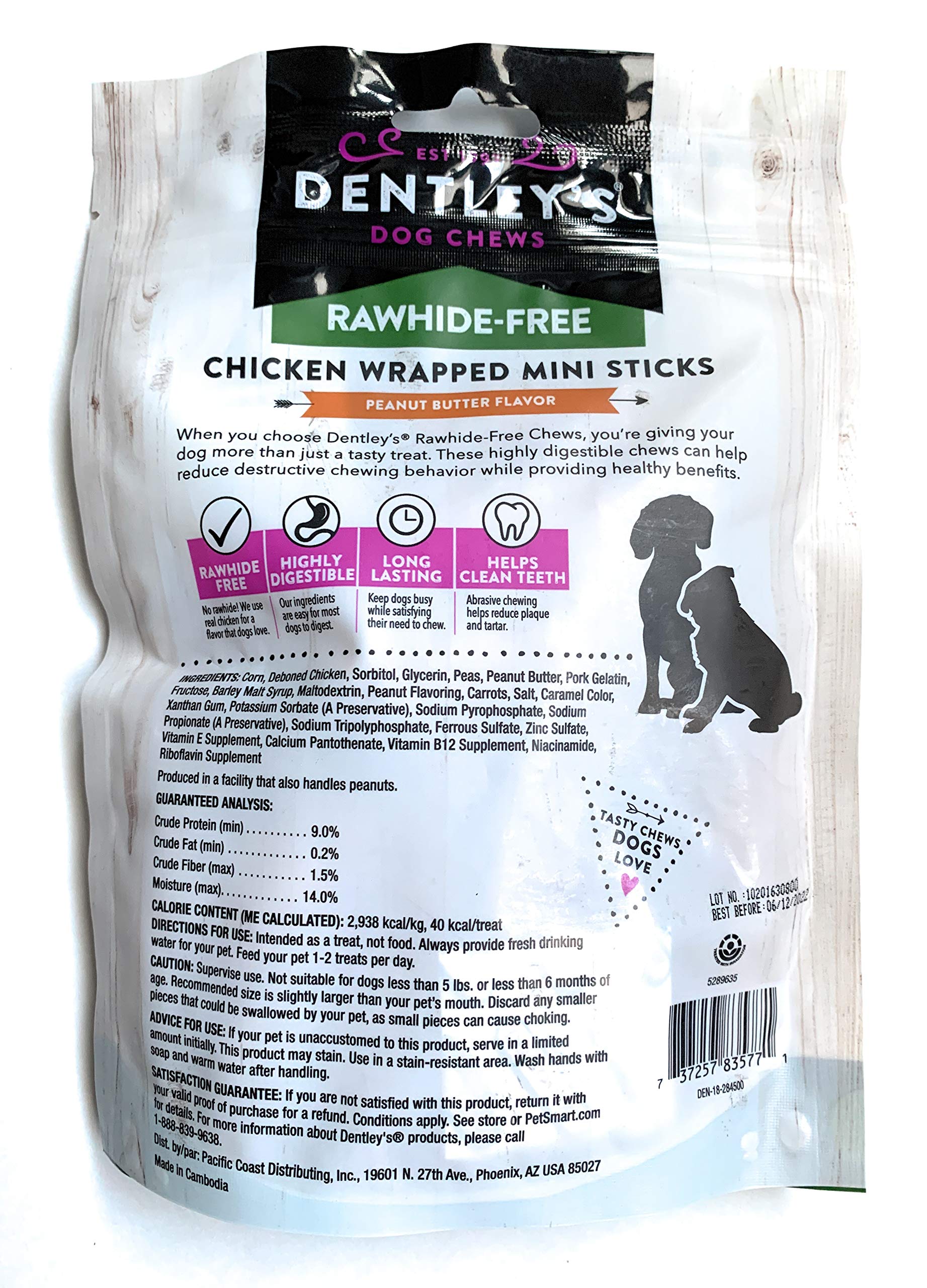 DENTLEY'S sticks in a dog's paw; long-lasting chew for dental care.